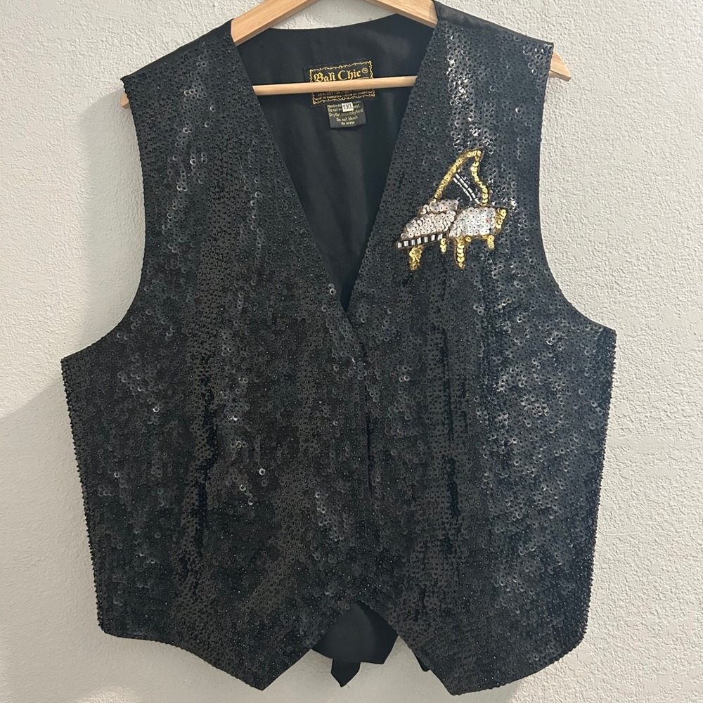 Bali Chic Black Sequin Grand Piano Vest 1XL Snap Front Adjustable Back Cinch